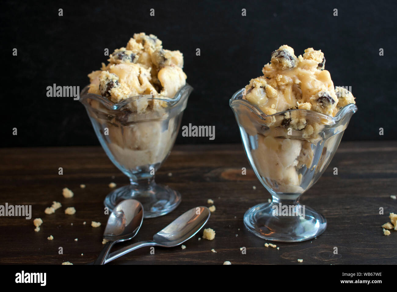 Vegan Salted Caramel Cookie Dough Ice Cream Sundae Stock Photo