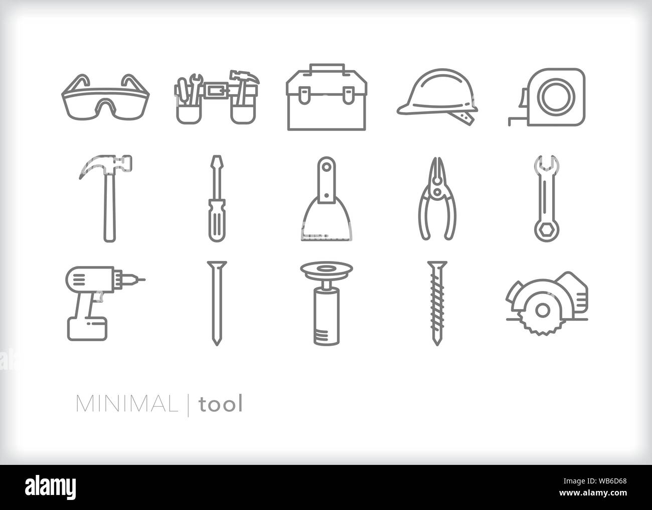 Set of 15 tool line icons for working in a wood workshop, construction industry or carpentry Stock Vector