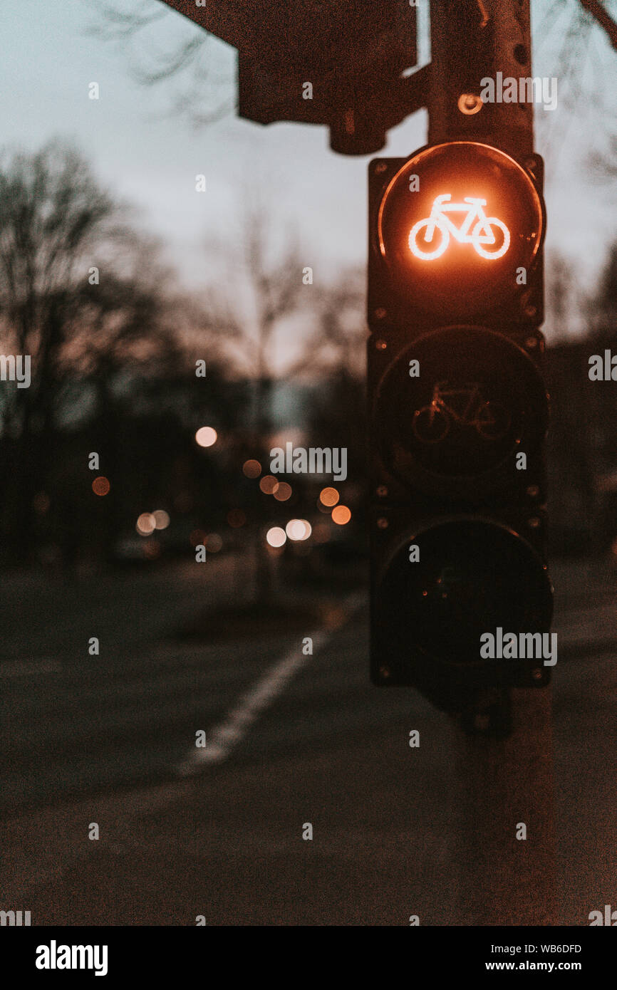 Traffic lights for bicycles at night in Cologne, Germany Stock Photo