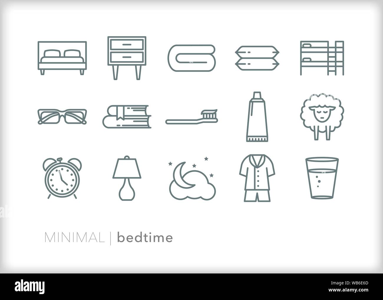 Set of 15 bedtime line icons for the routines people go through before going to bed for the night Stock Vector