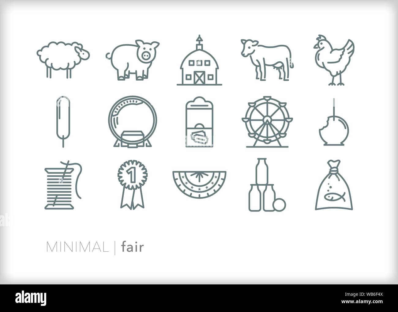 Set of 15 fair line icons for summer tradition of showing animals, agriculture and crafts Stock Vector
