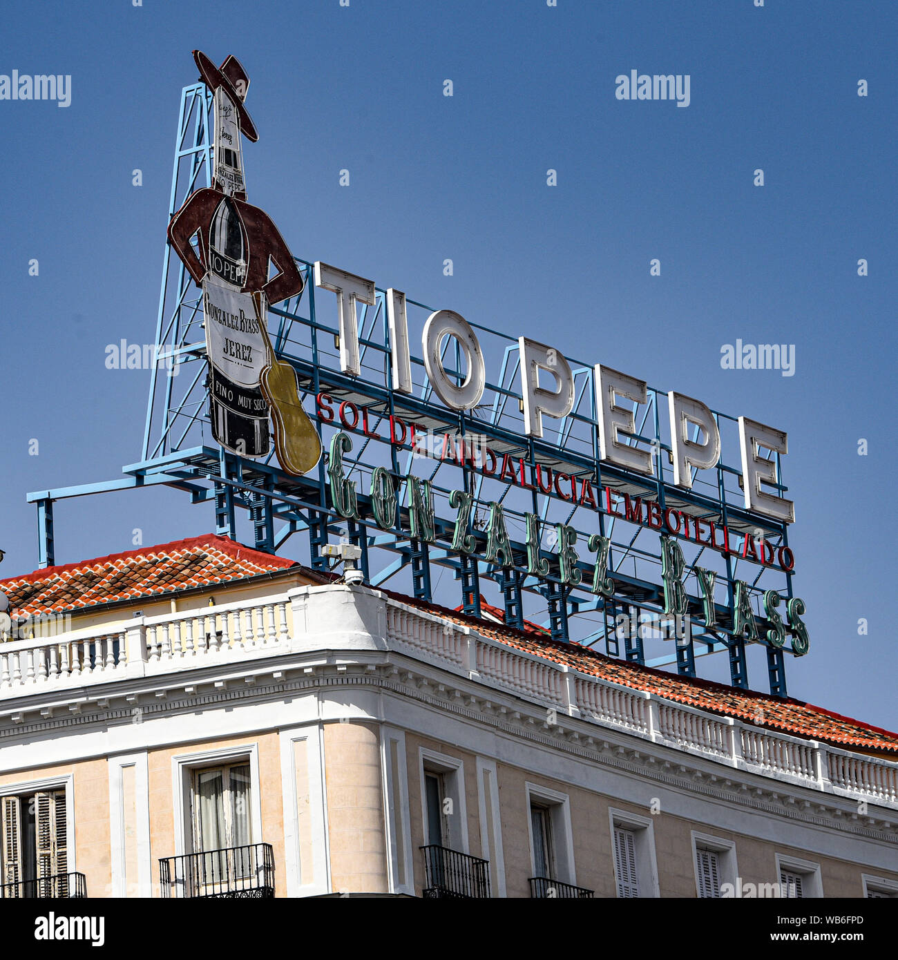 Madrid, Spain -July 22, 2019: Neon sign above Puerta del Sol public square Stock Photo