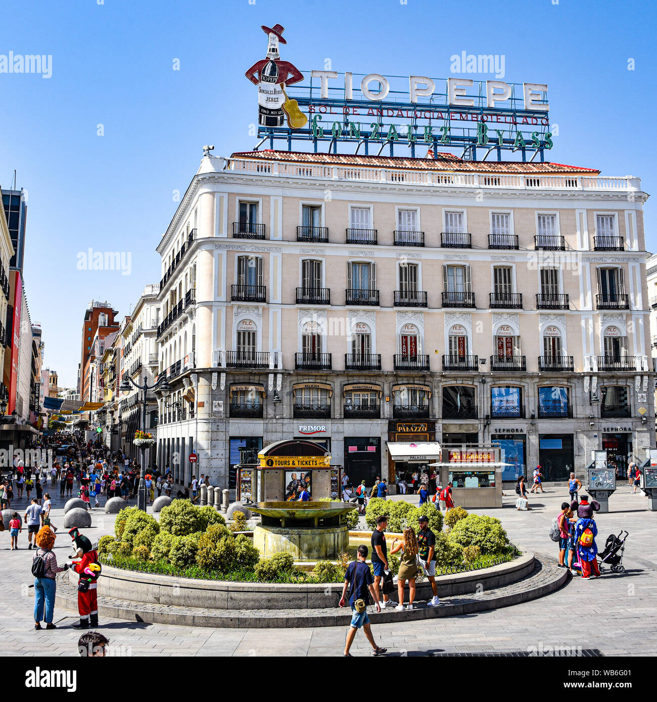 Madrid, Spain -July 22, 2019: Neon sign above Puerta del Sol public square Stock Photo