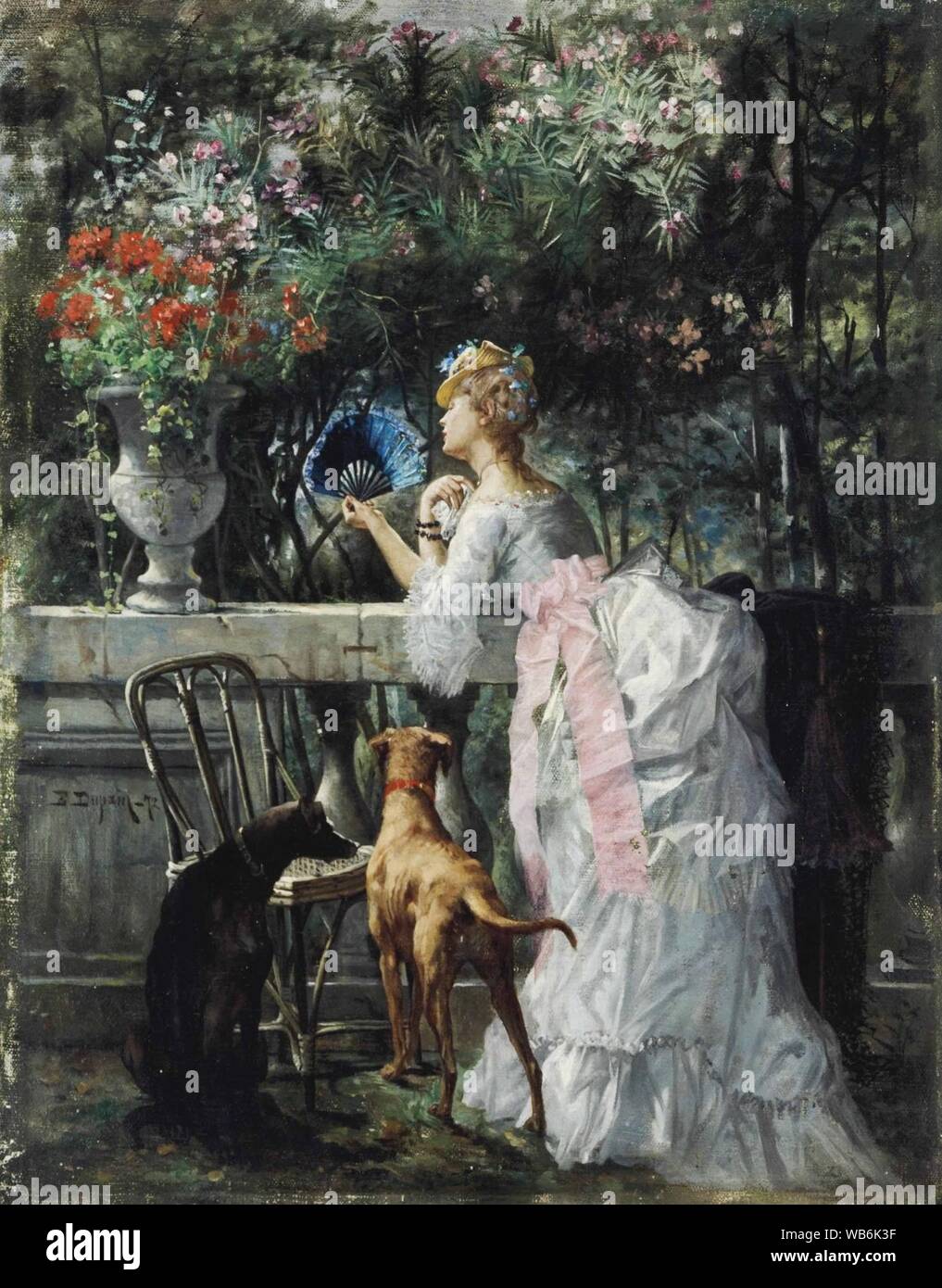 Edmond Louis Dupain - Femme dans le parc avec les chiens. Stock Photo