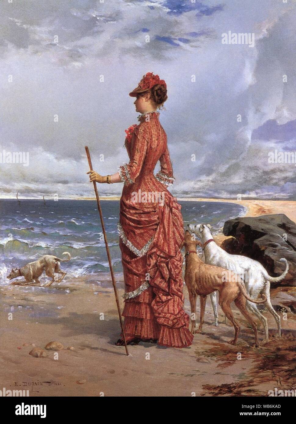 Edmond-Louis Dupain - Elegant Lady Walking Her Greyhounds on the Beach. Stock Photo