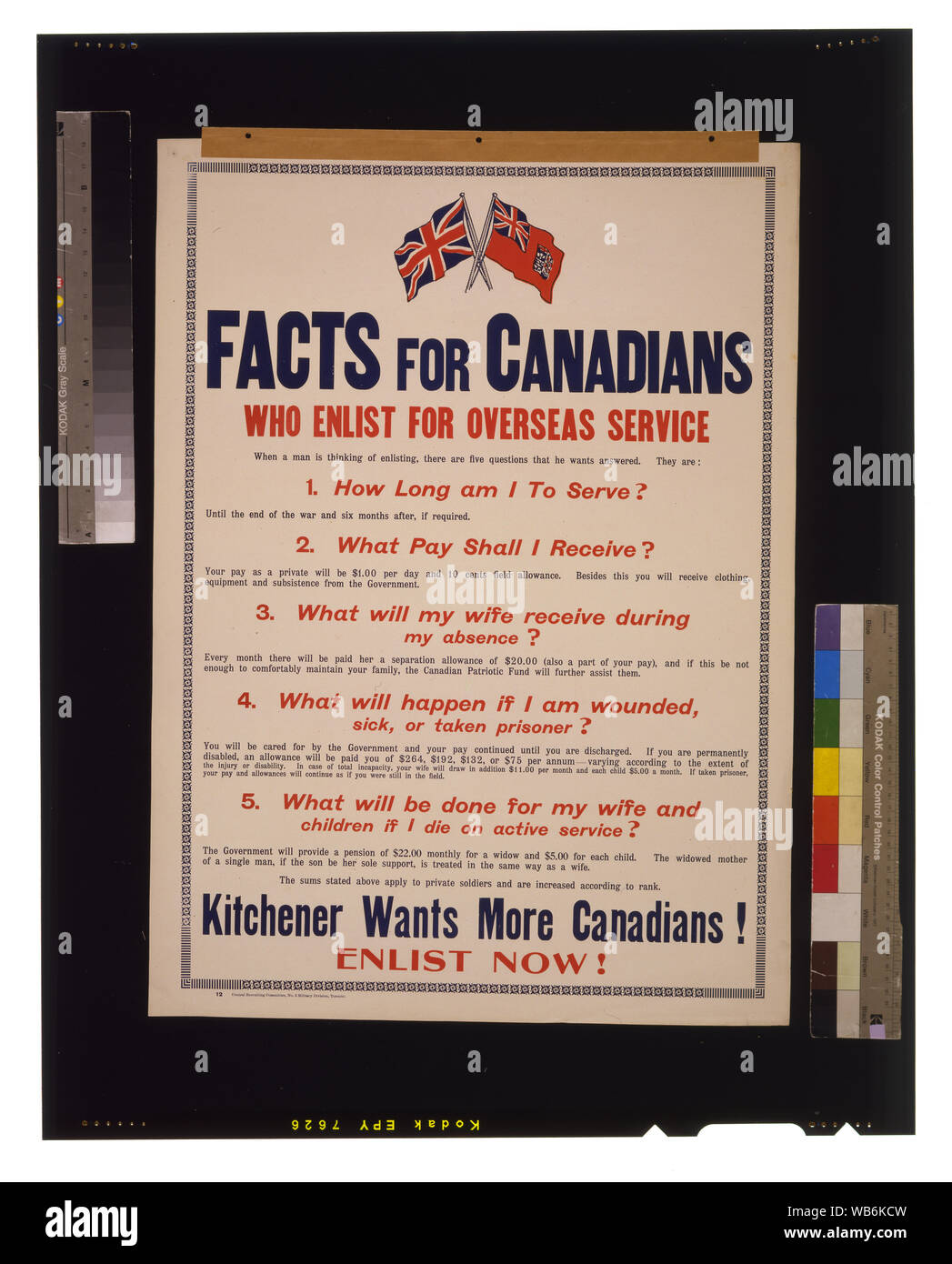 Facts for Canadians who enlist for overseas service. ... Kitchener wants more Canadians! Enlist now! Abstract/medium: 1 print (poster) : lithograph, color ; 72 x 53 cm. Stock Photo