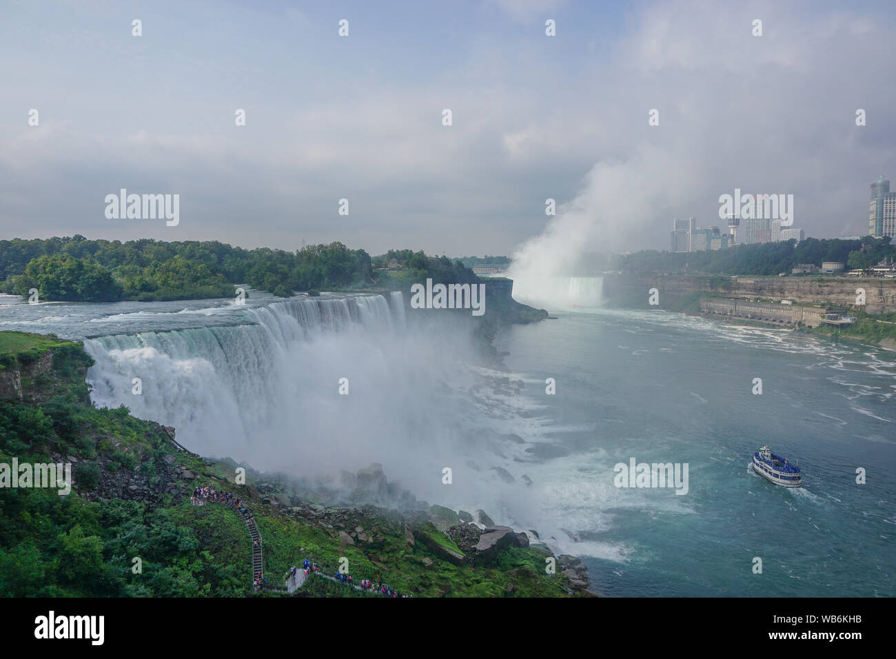 Niagara Falls, NY: Panorama view of Niagara Falls, and the Niagara Gorge from the Prospect Point Observation Tower in the Niagara Falls State Park. Stock Photo