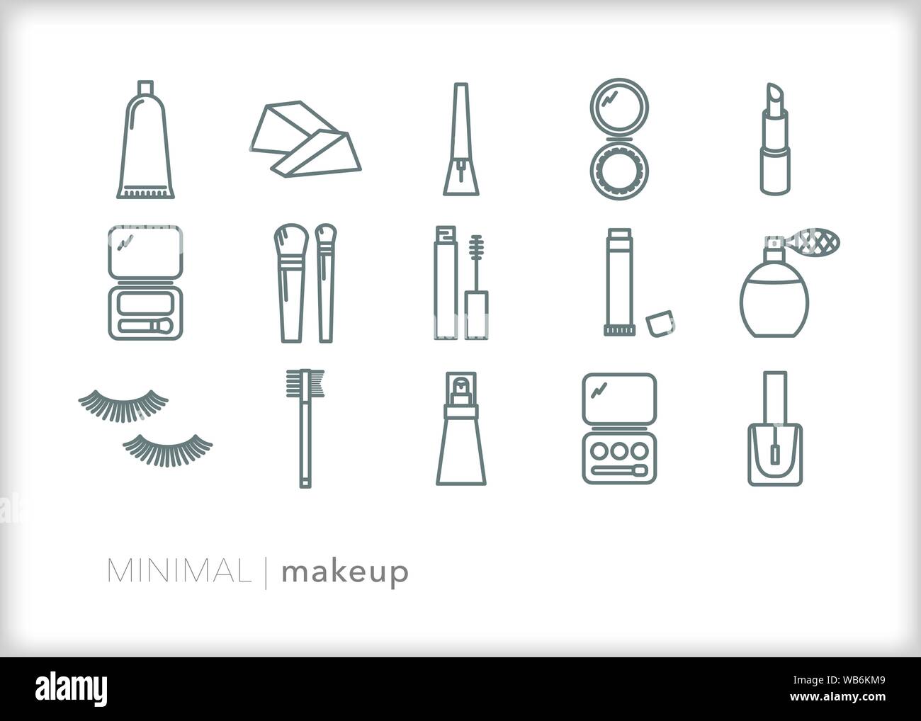 Set of 15 makeup line icons for faces, eyes and skin cosmetics in the beauty industry Stock Vector
