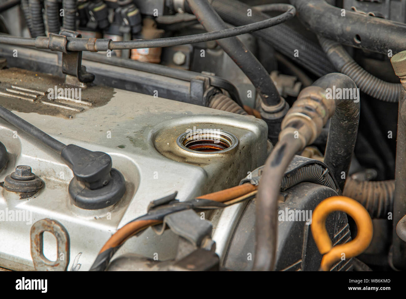 Oil fill port. Remove oil fill cap for fill oil enging Stock Photo Alamy