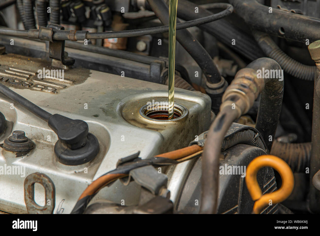 Fill oil engine. Mechanic filling oil to engine Stock Photo Alamy