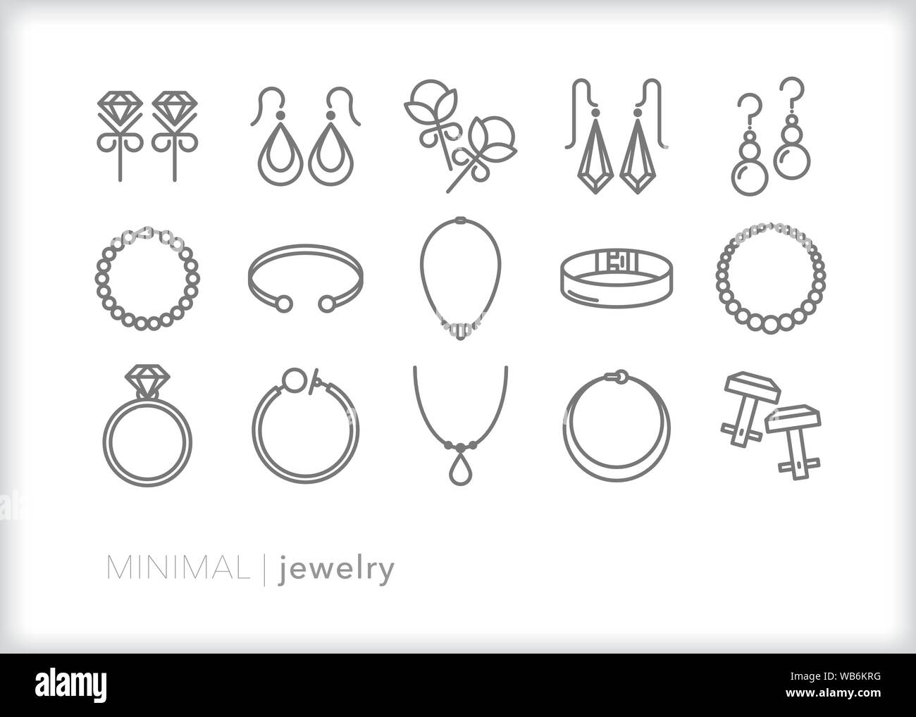 Set of 15 jewelry line icons of earrings, bracelets, rings and necklace accessories Stock Vector