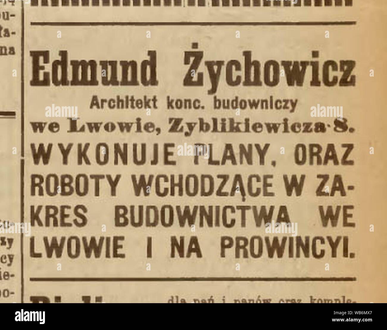 Edmund Żychowicz advertising (Gazeta Lwowska 1920 № 115). Stock Photo