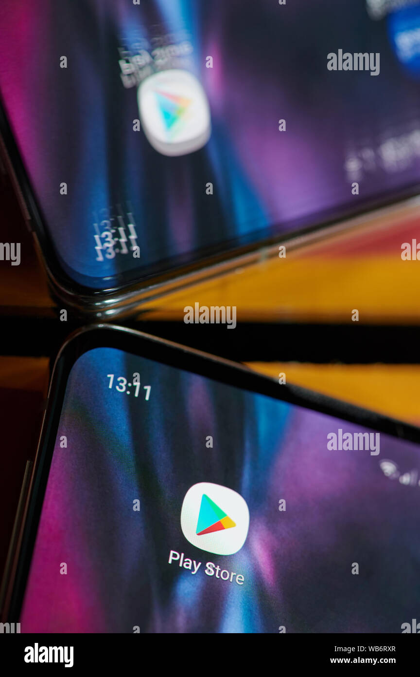 New york, USA - august 24, 2019: Installed play store application on modern smartphone screen close up view Stock Photo