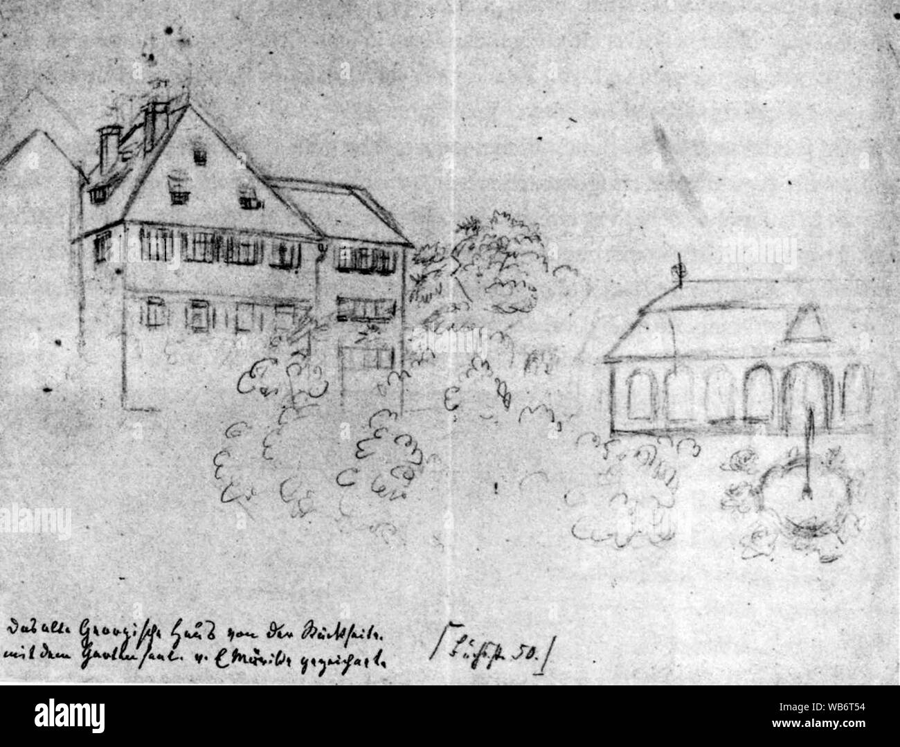 Eduard Mörike, Zeichnung des Hauses Büchsenstr. 50 in Stuttgart. Stock Photo