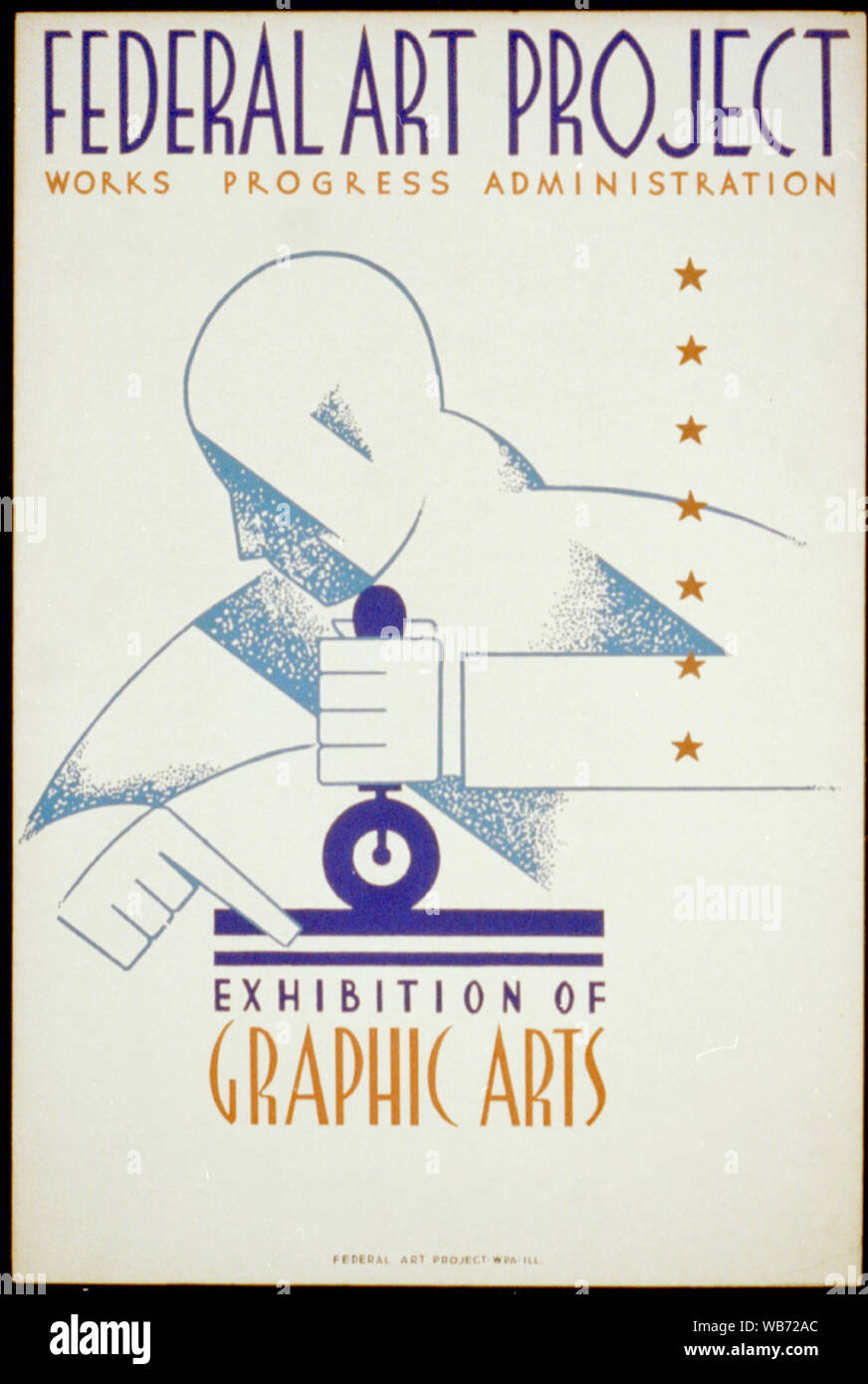 Federal Art Project Works Progress Administration exhibition of graphic arts Abstract: Poster for Federal Art Project exhibition of graphic arts, showing a man inking a plate with a roller. Stock Photo