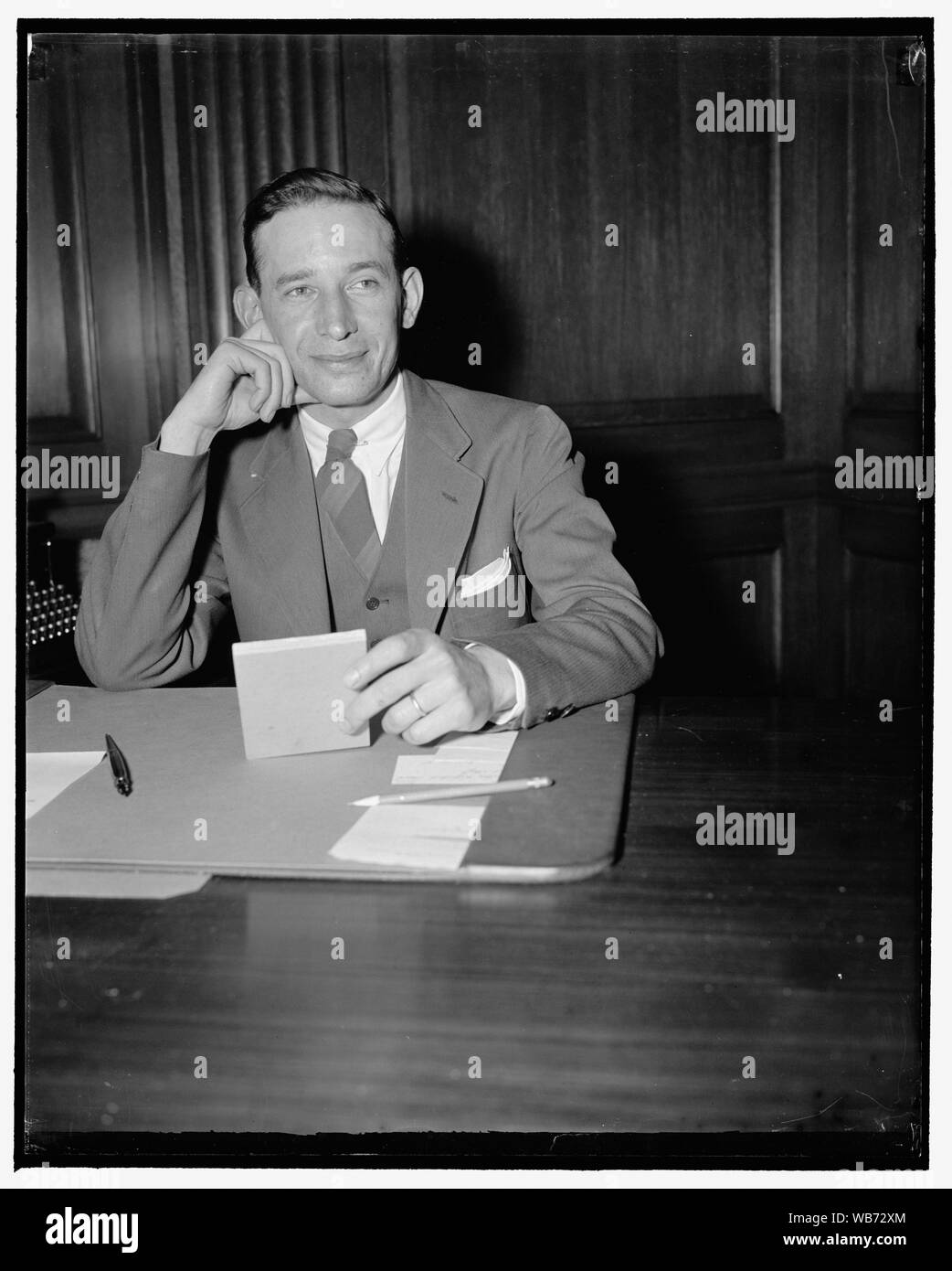 Federal Emergency Administration's General Counsel. Washington, D.C., May 1. A new informal photograph of Abe Fortas, General Counsel of the Federal Emergency Administration of Public Works who was sworn into office today Abstract/medium: 1 negative : glass ; 4 x 5 in. or smaller Stock Photo