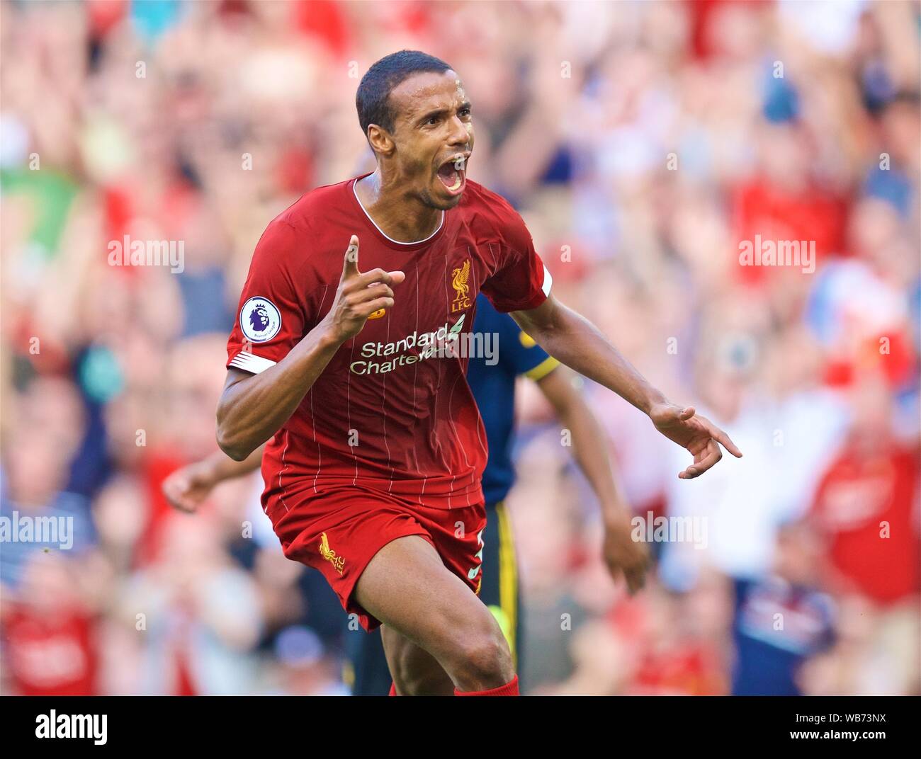 Liverpool. 25th Aug, 2019. Liverpool's Joel Matip celebrates after scoring a goal during the English Premier League match between Liverpool FC and Arsenal FC at Anfield in Liverpool, Britain on Aug. 24, 2019. Credit: Xinhua/Alamy Live News Stock Photo