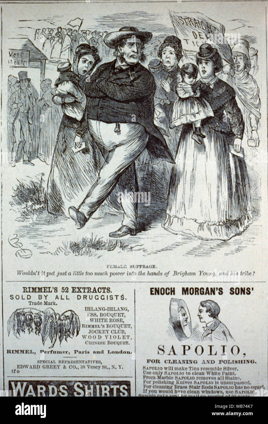 Female suffrage - wouldn't it put too much power into the hands of Brigham Young, and his tribe? [cartoon showing Brigham Young leading parade of women carrying babies] Abstract/medium: 1 print : wood engraving. Stock Photo