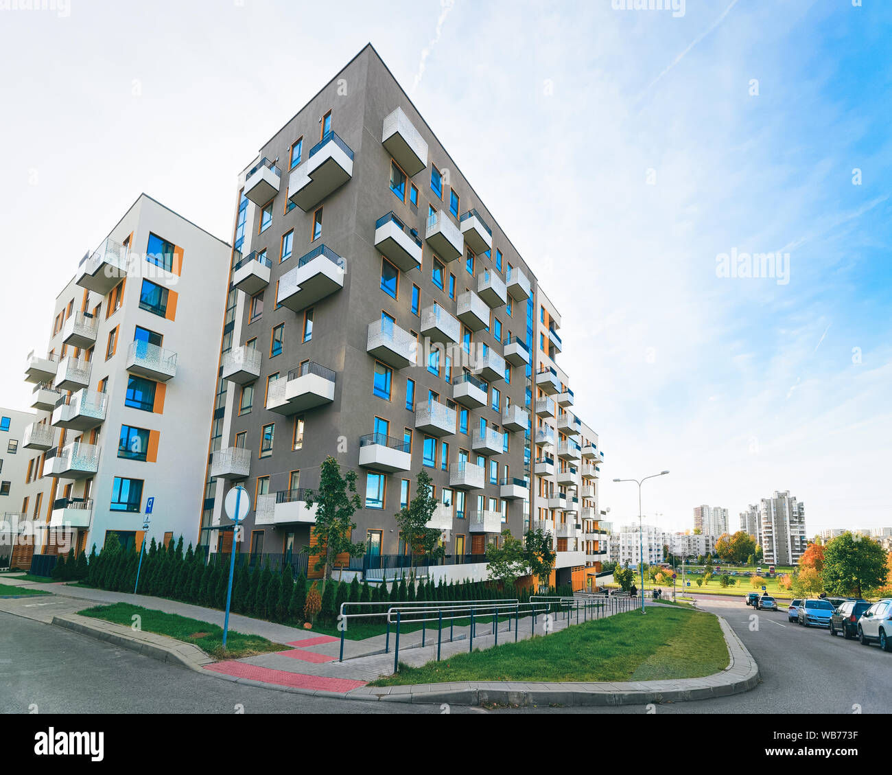 Apartment home residential building complex real estate concept. Street