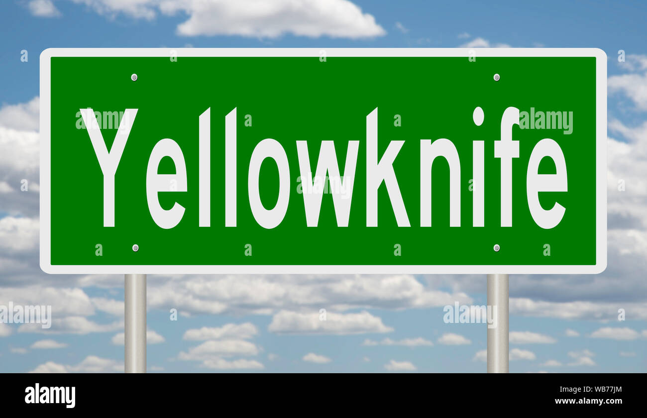 Rendering of a green highway sign for Yellowknife Northwest Territories Canada Stock Photo