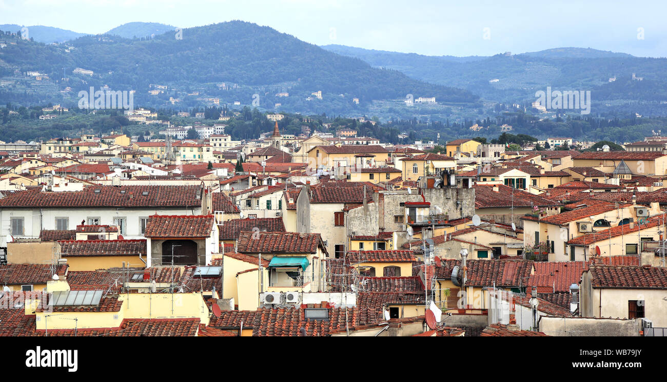 Florence: Looking over the red tiled house rooftops in the old city Stock Photo