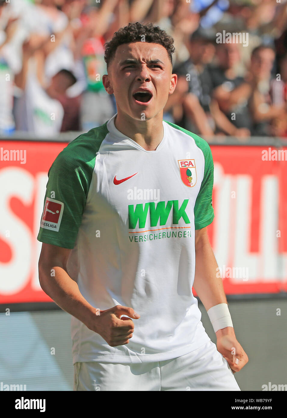 Augsburg, Germany. 24th Aug, 2019. Ruben Vargas of Augsburg celebrates  during a German Bundesliga match between FC Augsburg and 1. FC Union Berlin  in Augsburg, Germany, on Aug. 24, 2019. Credit: Philippe