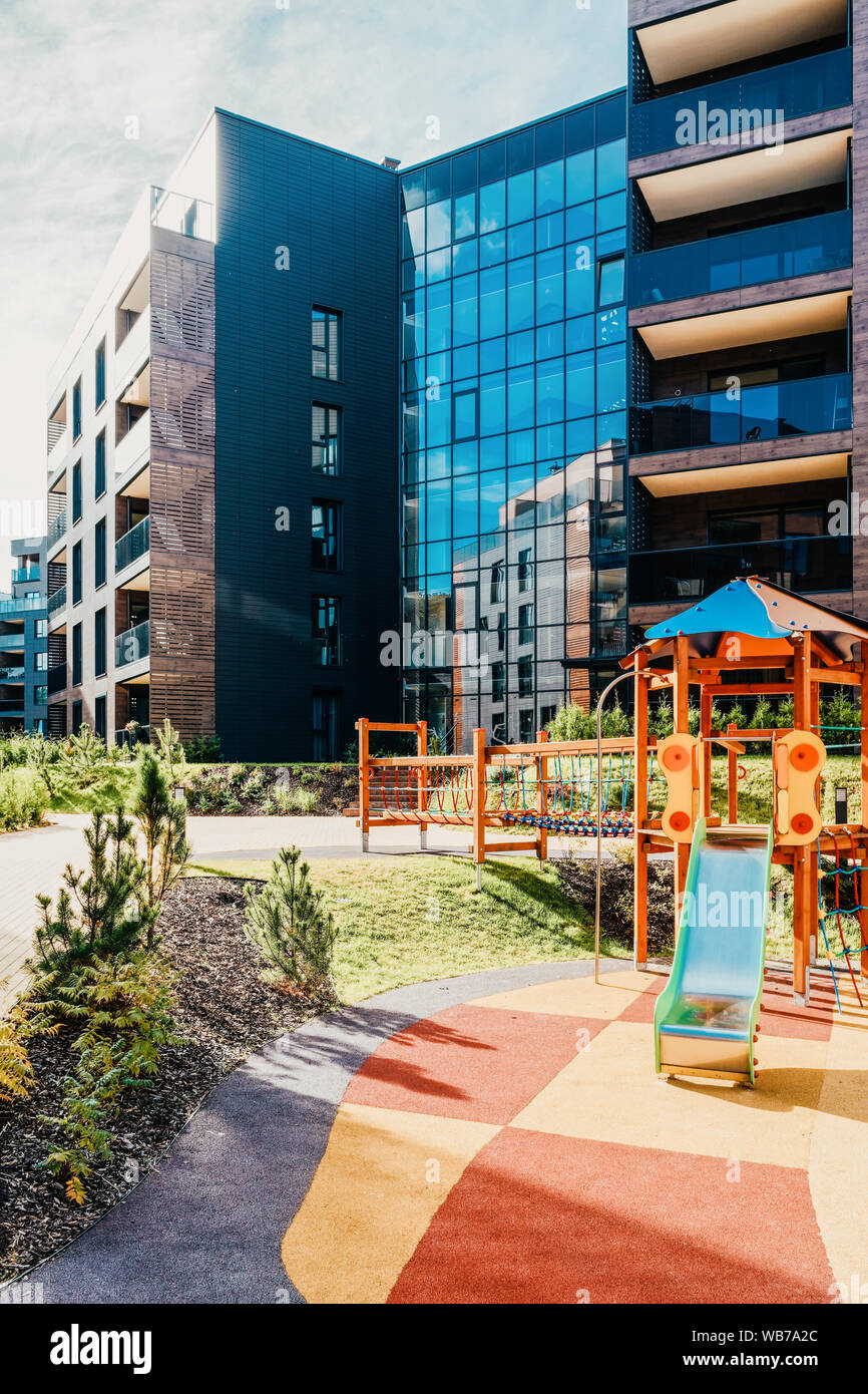 Children playground at European modern complex of apartment residential ...
