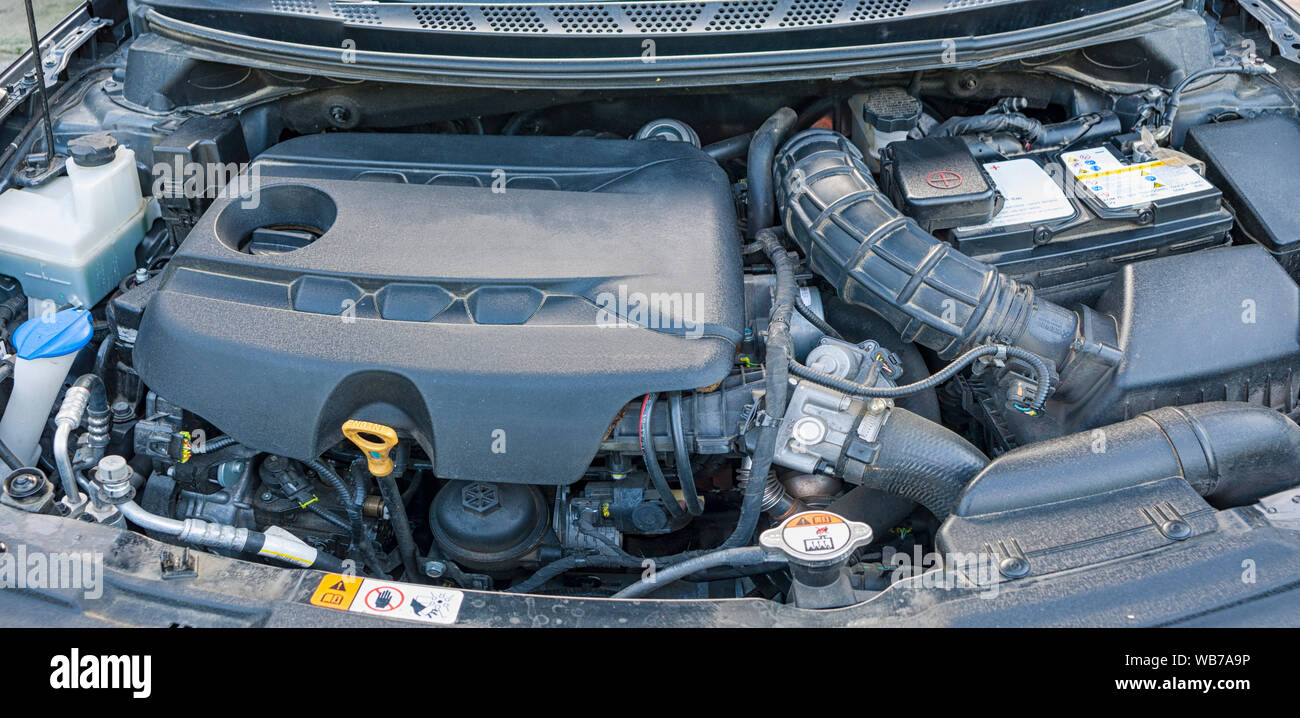 The engine and all the other parts of the car under the hood. Diesel engine from a famous car