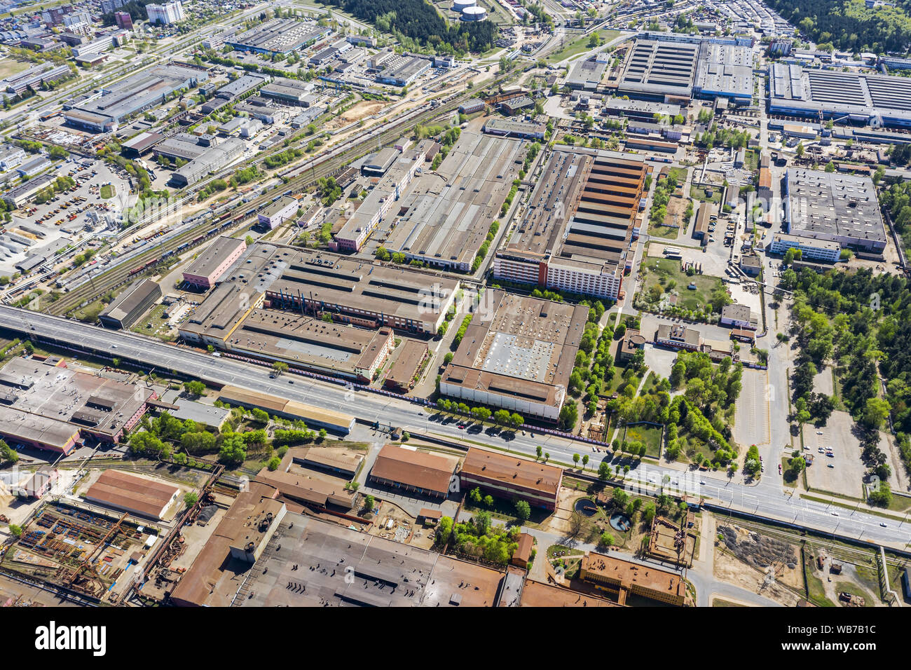 bird eye view of city industrial area. lots of industrial plants and warehouses from above Stock Photo