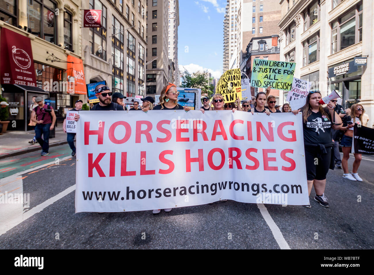 August 24, 2019, New York, USA: Hundreds of Animal Liberation activists targeted the gruesome fur trade with a mass march on August 24, 2019. The action began at the Flatiron Building and made its way to their campaignâ€™s lead targets, Canada Goose and Dolce & Gabbana where mass protests were held to stand in solidarity with the innocent animal lives lost for the sake of the latest fashion trend. (Credit Image: © Erik McGregor/ZUMA Wire) Stock Photo