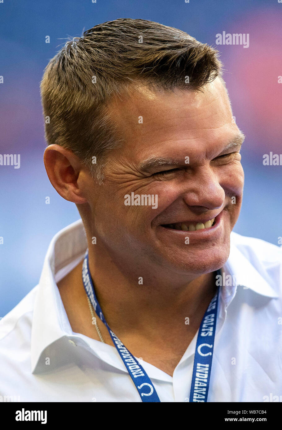 Indianapolis, Indiana, USA. 24th August, 2019.  Colts General Manage Chris Ballard during pregame of NFL football preseason game action between the Chicago Bears and the Indianapolis Colts at Lucas Oil Stadium in Indianapolis, Indiana. Chicago defeated Indianapolis 27-17. John Mersits/CSM. Credit: Cal Sport Media/Alamy Live News Stock Photo