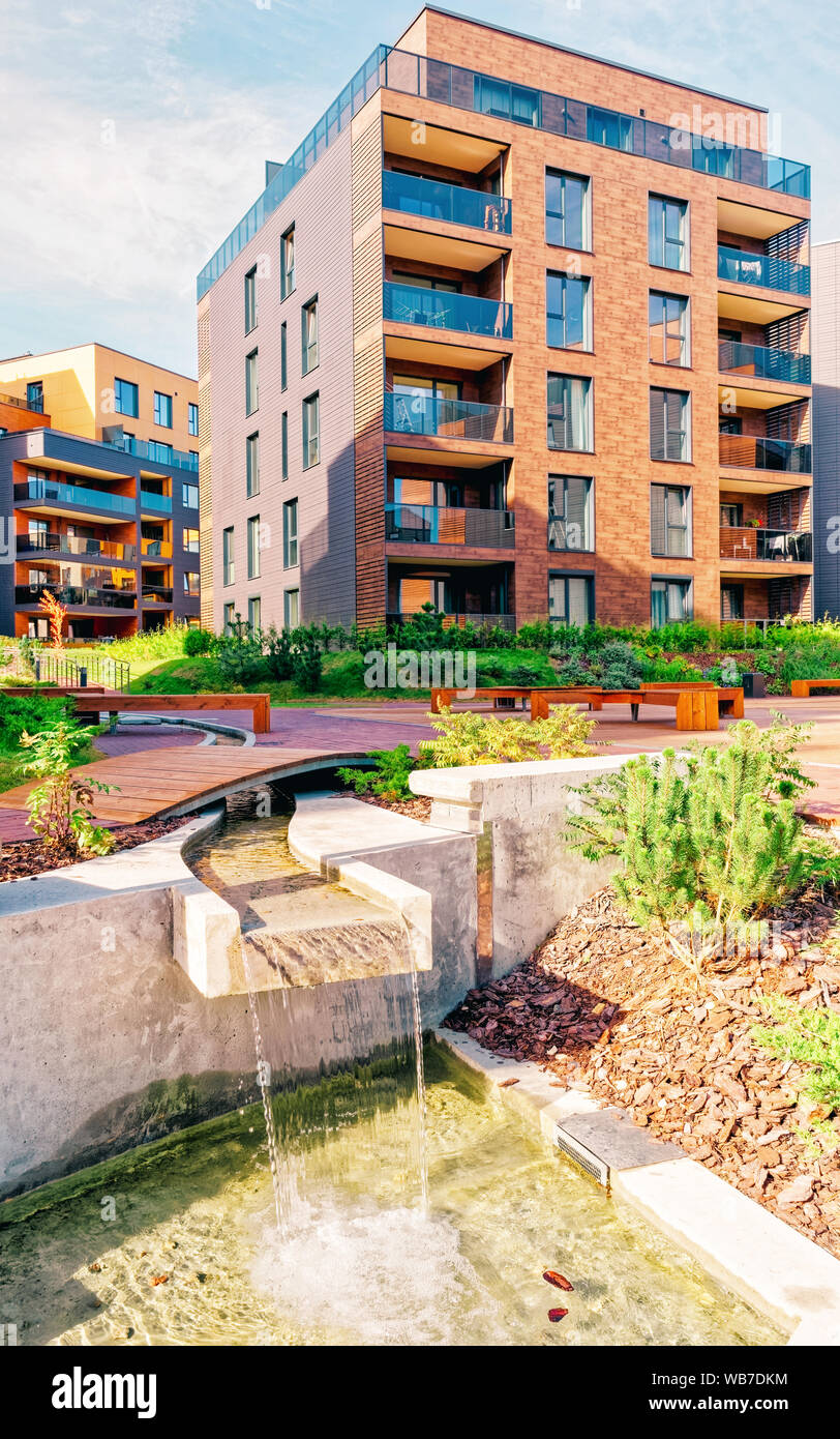 Fountain at Modern complex of apartment residential buildings. And