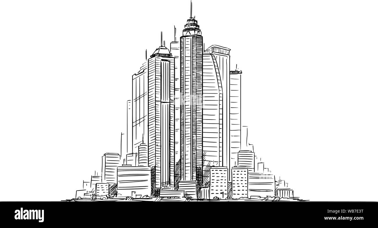 Vector artistic sketchy pen and ink drawing illustration of generic city high rise cityscape with high skyscraper buildings in center. Stock Vector