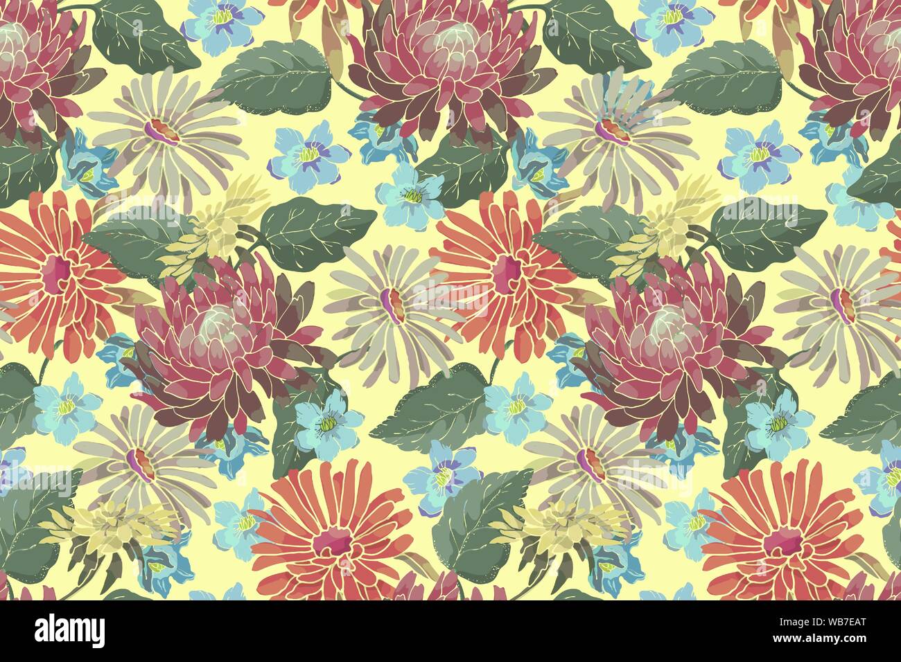 Art floral vector seamless pattern with asters and chrysanthemums. Stock Vector