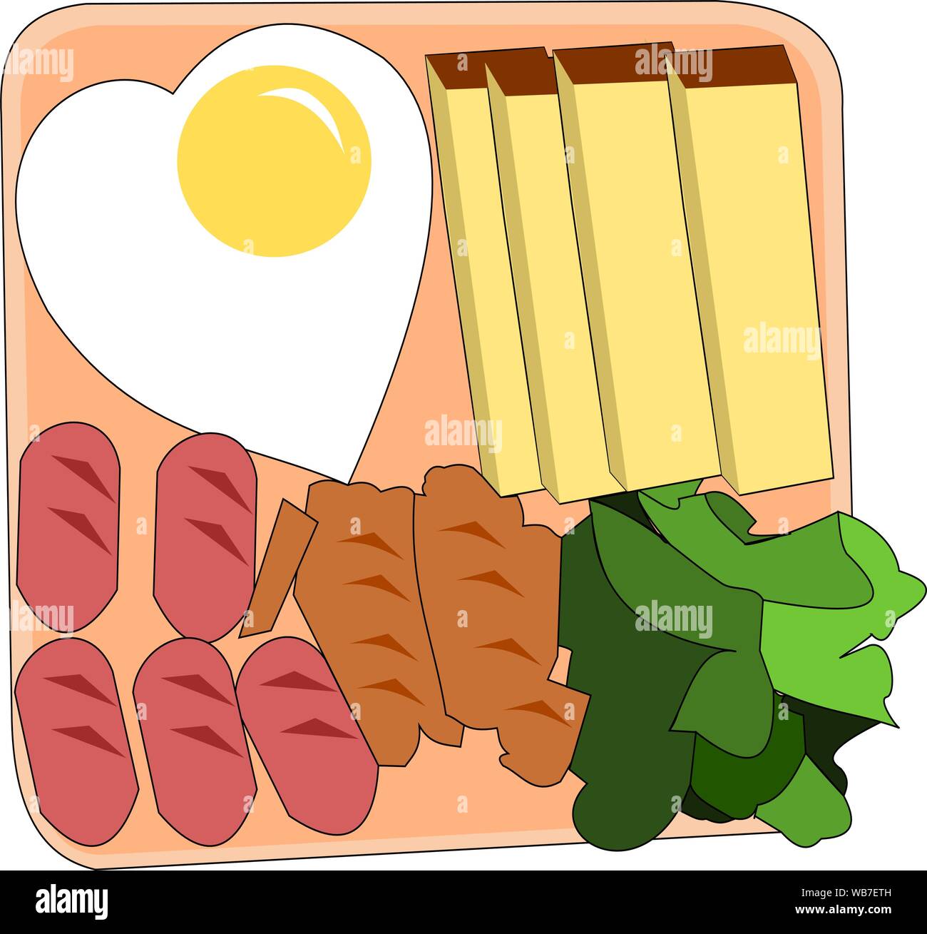 Heart shaped fried egg, Bread with sausage and bacon in square wooden plate, Breakfast with green color vegetables on white background Stock Vector