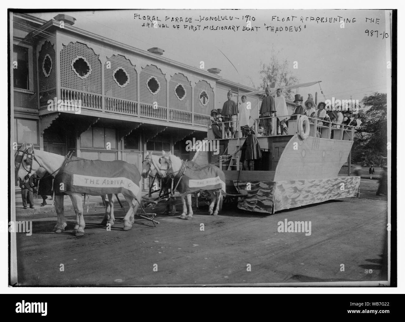 Float representing arrival of first missionary boat Thaddeus, Floral Parade, Honolulu Abstract/medium: 1 negative : glass ; 5 x 7 in. or smaller. Stock Photo