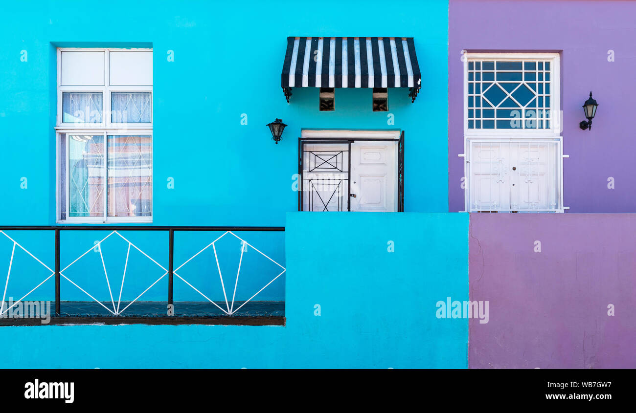 Purple and blue facade with doors and windows in the colourful malay district of Bo Kaap in Cape Town, Western Cape province, South Africa. Stock Photo