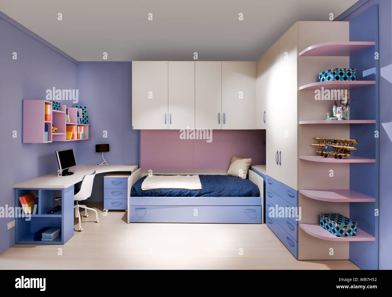 Stylish Blue And Purple Teenagers Bedroom Interior With Built In