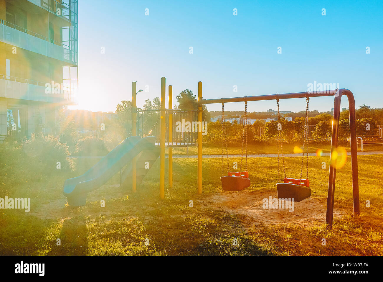 Complex of new apartment residential buildings with children playground
