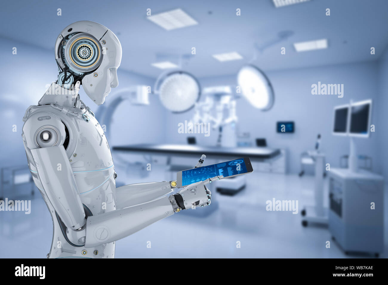 Medical technology concept with 3d rendering cyborg diagnos with C-Arm ...