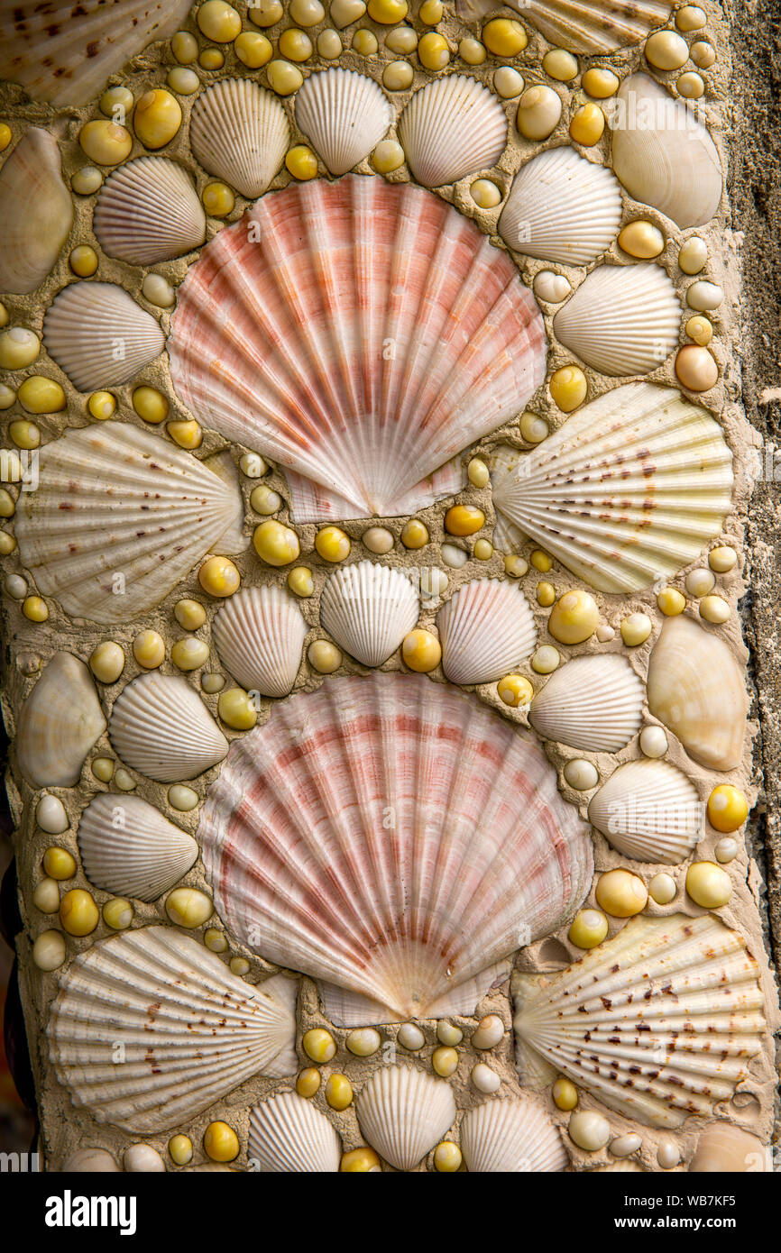 UK, England, Scilly Islands, Tresco, Abbey Gardens, Shell House designed by Lucy Dorrien-Smith, decoration, formed from scallop shells Stock Photo