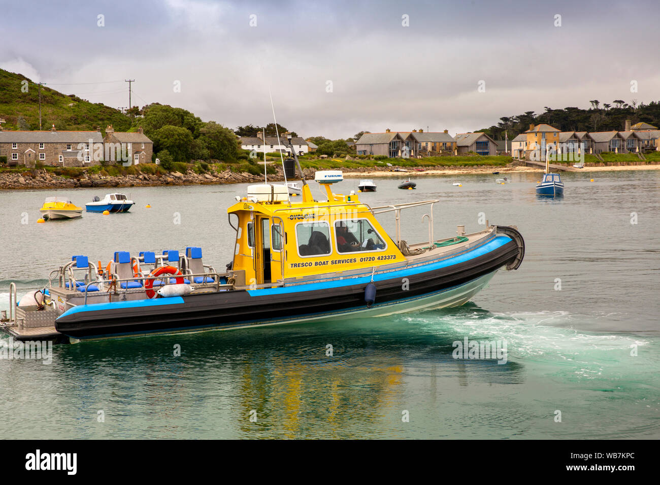 UK, England, Scilly Islands, Tresco, New Grimsby, Harbour, Tresco Boat Services Cyclone craft Stock Photo