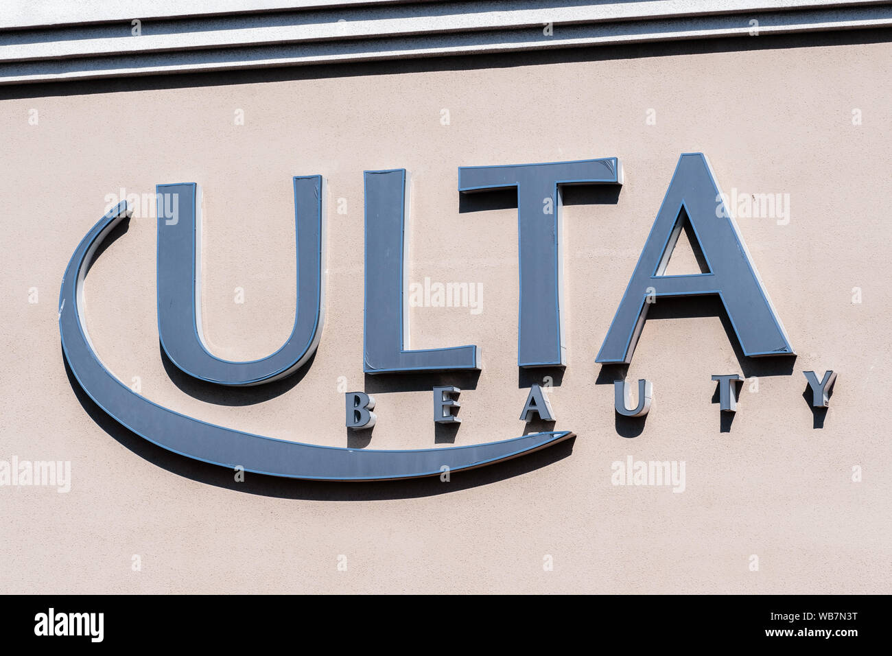 August 24, 2019 San Mateo / CA / USA - Close up of ULTA beauty sign at their store in San Francisco bay area Stock Photo