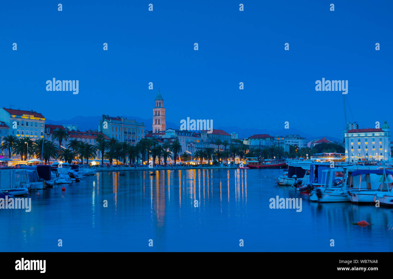 Split Harbour with Cathedral of Saint Domnius at Dusk, Split, Dalmatian Coast, Croatia, Europe Stock Photo