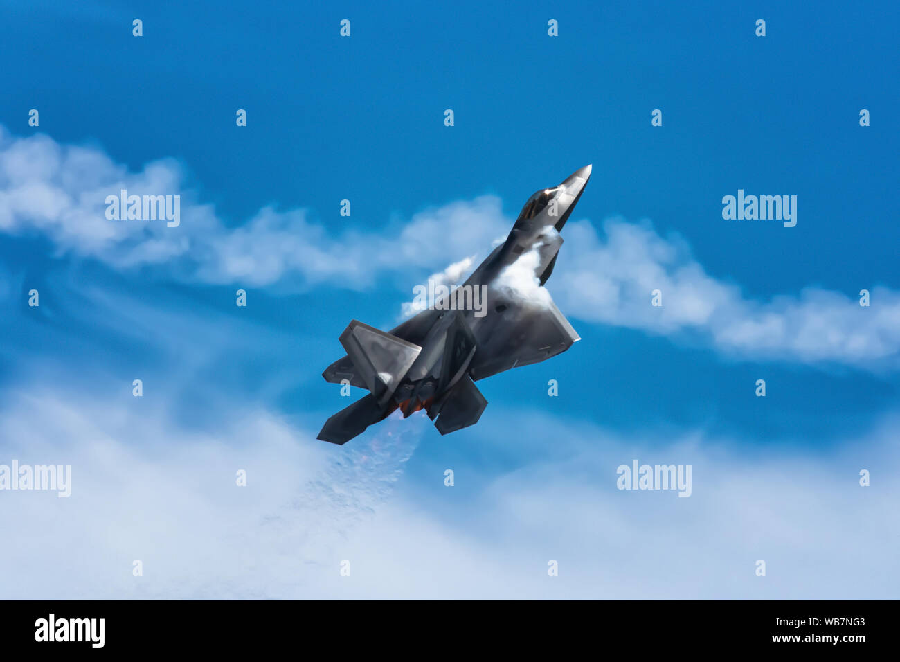 F-22 Raptor air superiority maneuvers demonstrated at Travis Air Force Base. Stock Photo