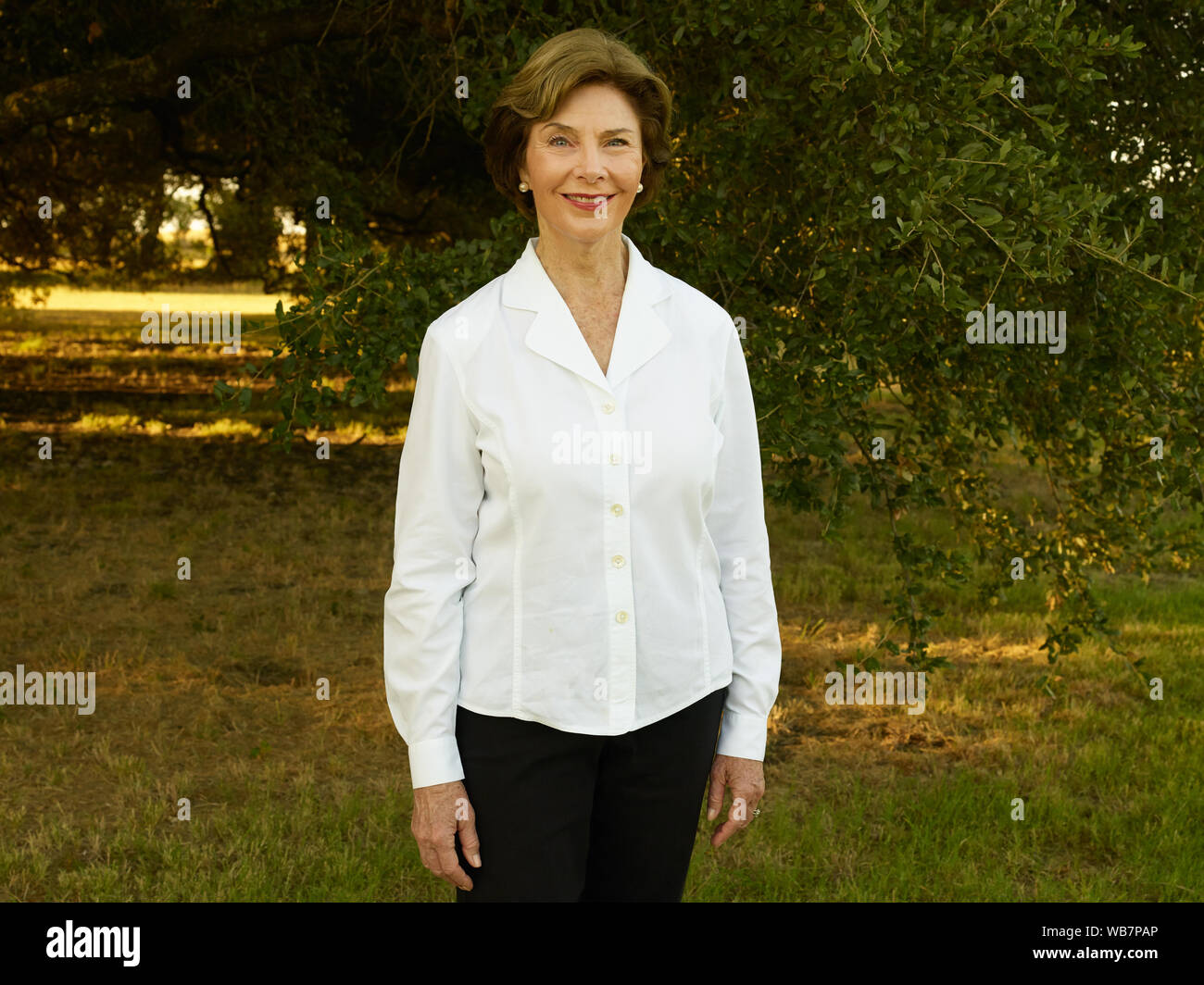 Former U.S. first lady Laura Bush at her and former president George W. Bush's 1,600-acre ranch, site of the Texas White House during their visits there during the Bush presidency, near Crawford in McLennon County, Texas Stock Photo