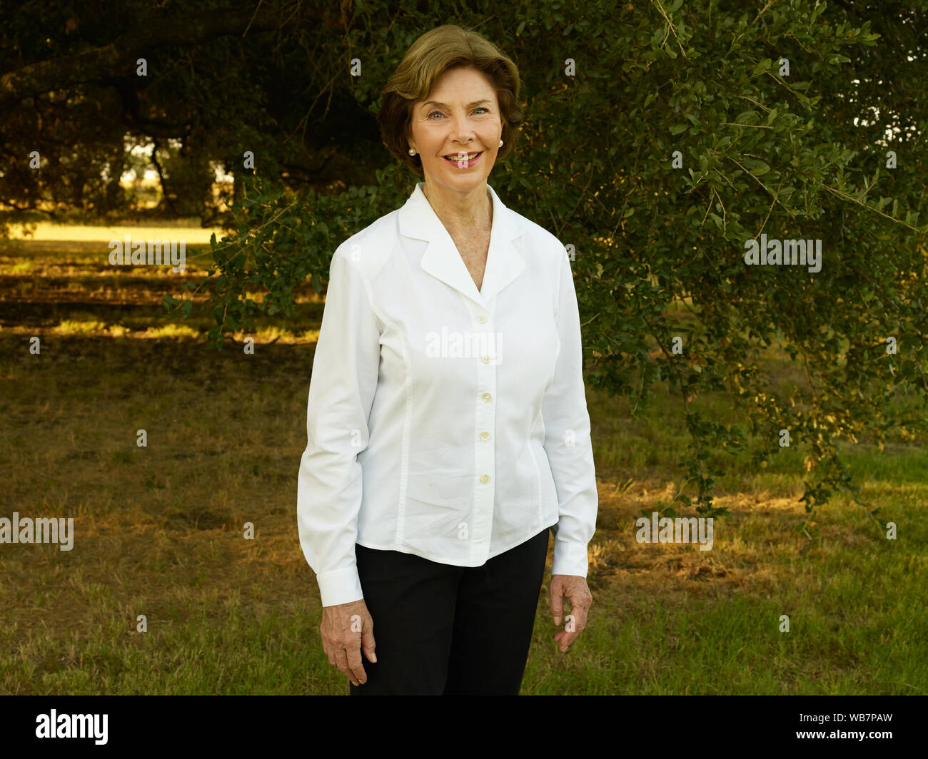 Former U.S. first lady Laura Bush at her and former president George W. Bush's 1,600-acre ranch, site of the Texas White House during their visits there during the Bush presidency, near Crawford in McLennon County, Texas Stock Photo