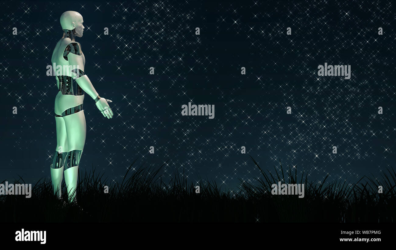 AI robot watching the stars, artificial intelligence android in nature (3d sci-fi illustration) Stock Photo