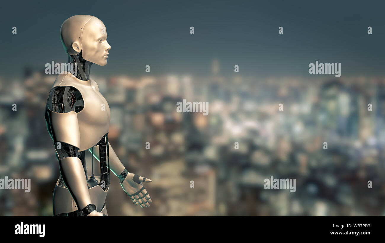 robot, humanoid machine using artificial intelligence in city enviroment Stock Photo