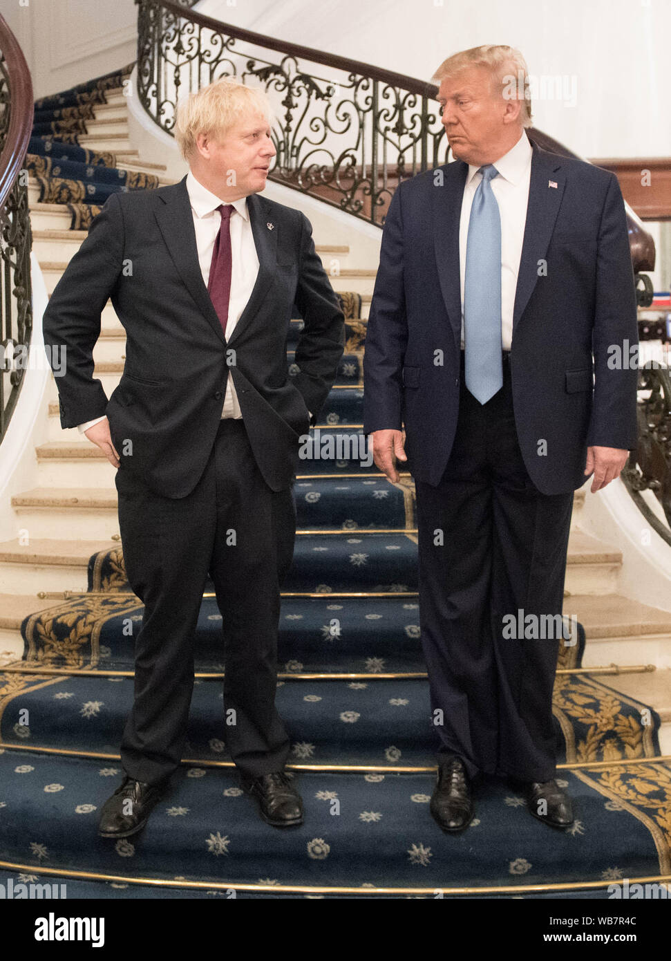Prime Minister Boris Johnson meeting US President Donald Trump for bilateral talks during the G7 summit in Biarritz, France. Stock Photo
